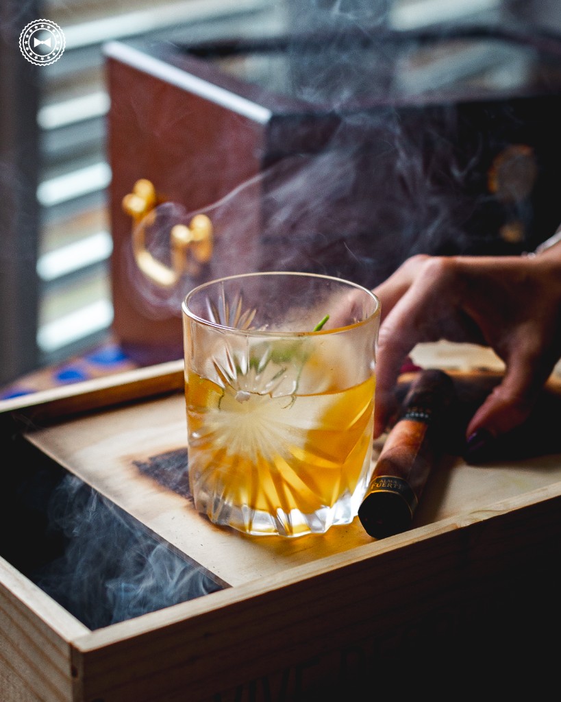 A house cocktail, served with smoke